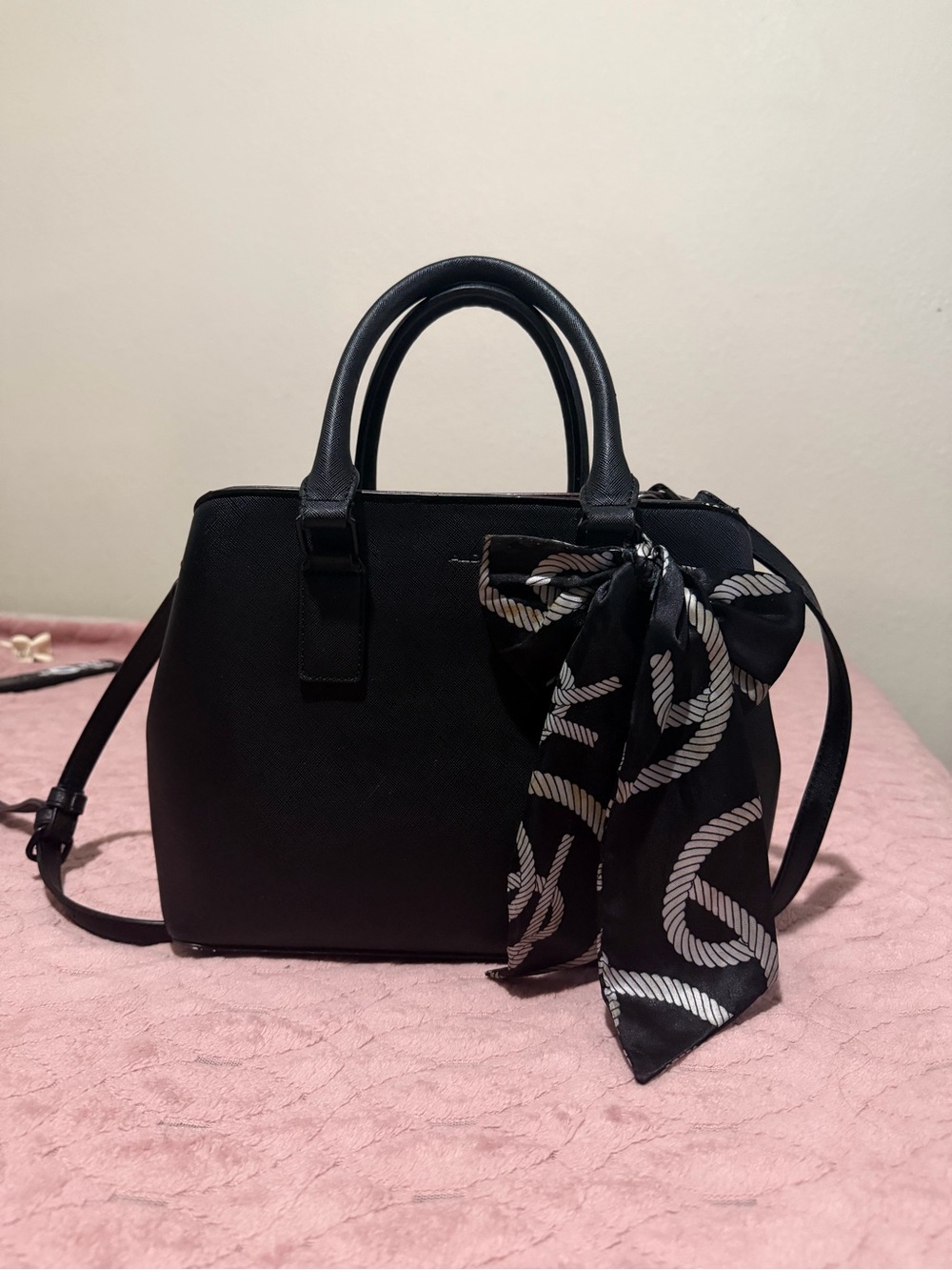 Aldo Black Structured Satchel with Patterned Scarf
